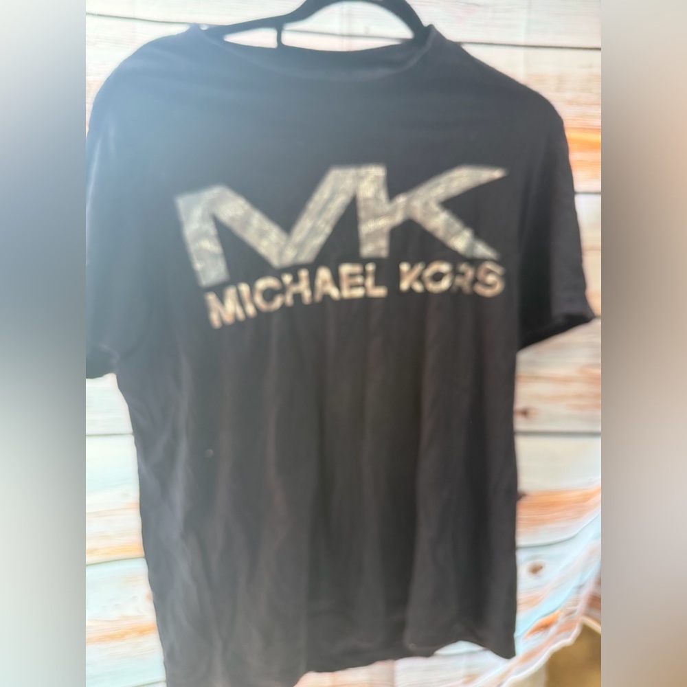 Michael Kors Black Tee with Silver-Blue MK Graphic